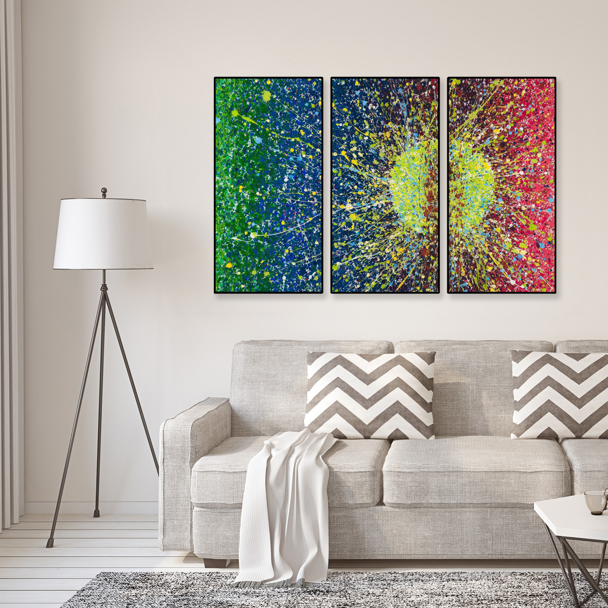 Abstract artwork on triptych frame in living room setting